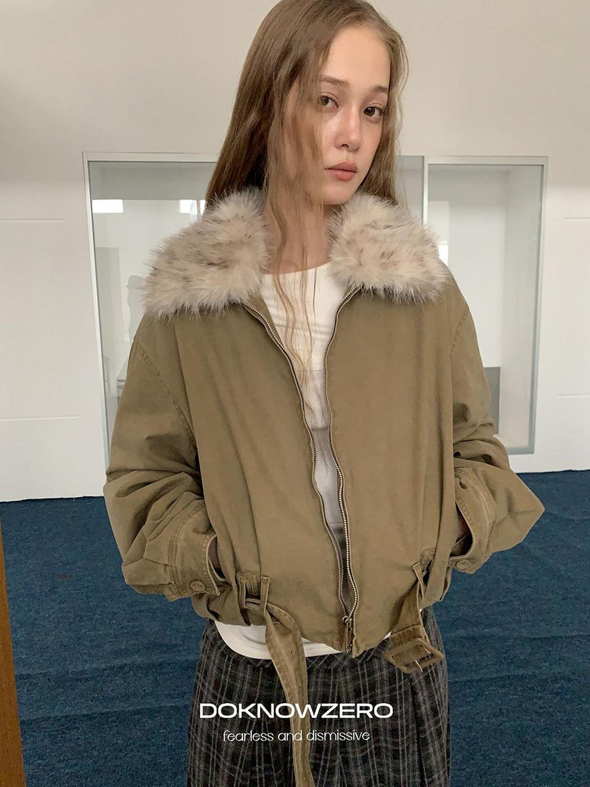 DKZ OFFICIAL Vintage Washed Detachable Fur Collar Women&