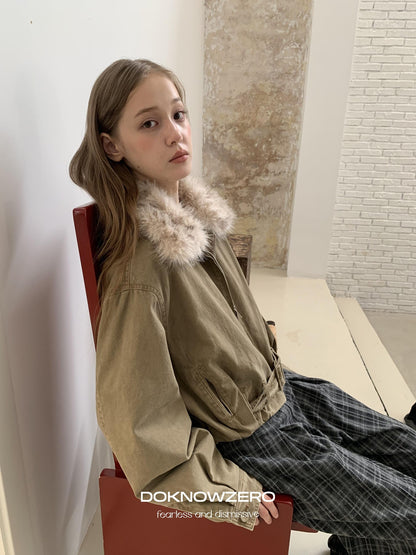 DKZ OFFICIAL Vintage Washed Detachable Fur Collar Women&
