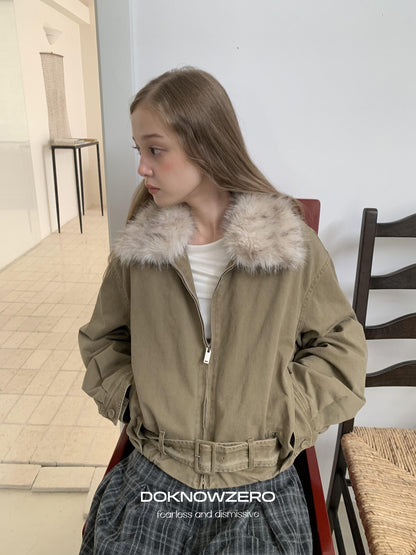 DKZ OFFICIAL Vintage Washed Detachable Fur Collar Women&