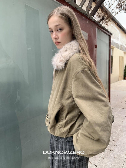 DKZ OFFICIAL Vintage Washed Detachable Fur Collar Women&