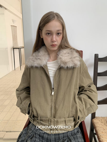 DKZ OFFICIAL Vintage Washed Detachable Fur Collar Women&