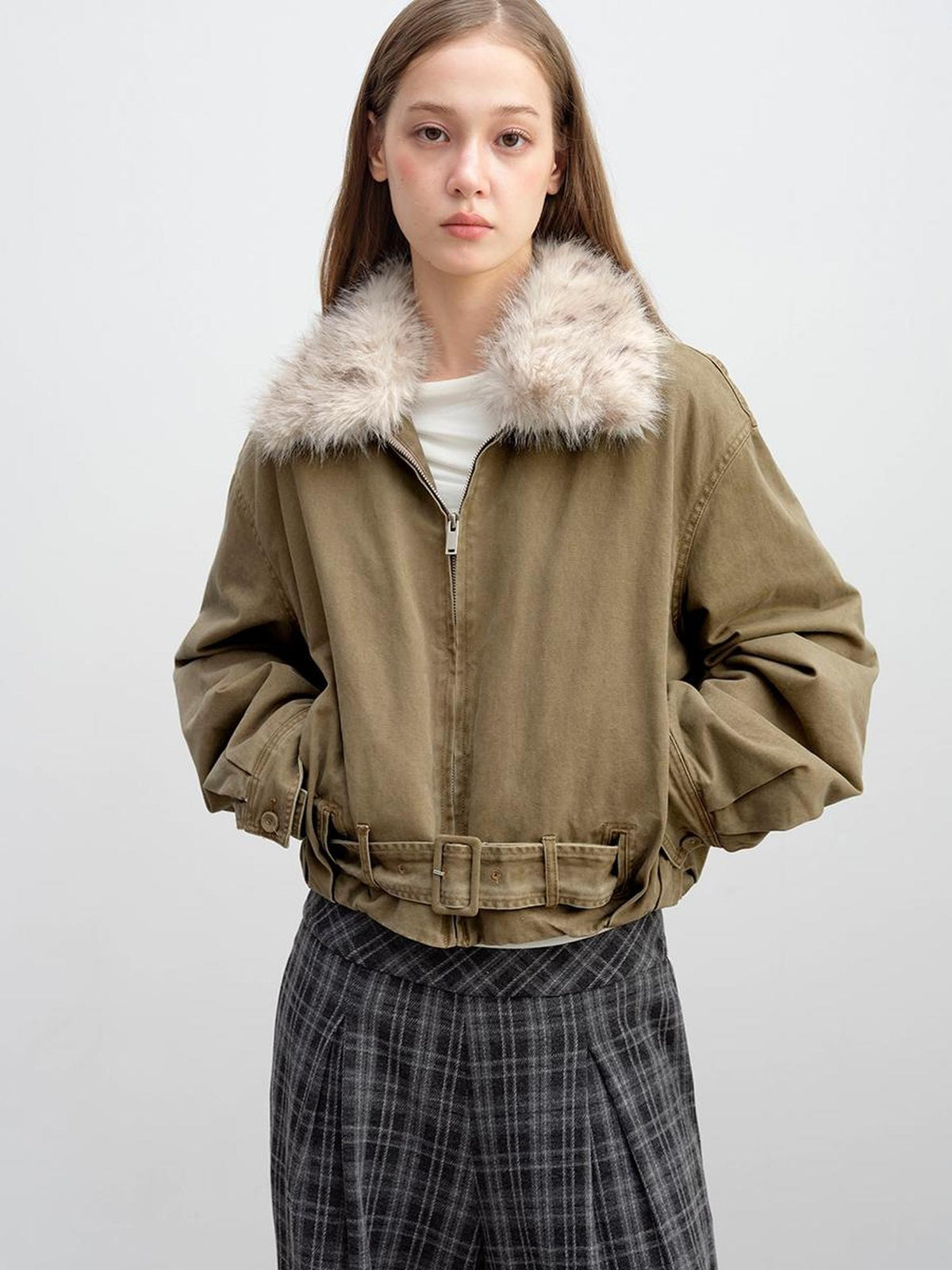 DKZ OFFICIAL Vintage Washed Detachable Fur Collar Women&