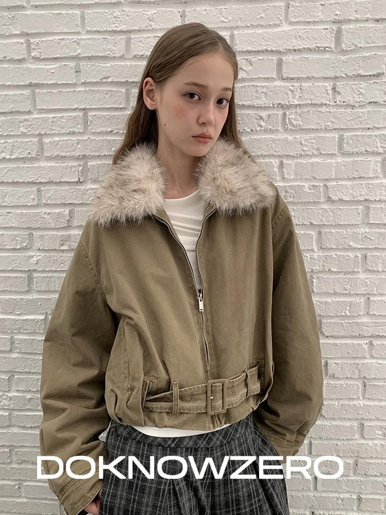 DKZ OFFICIAL Vintage Washed Detachable Fur Collar Women&