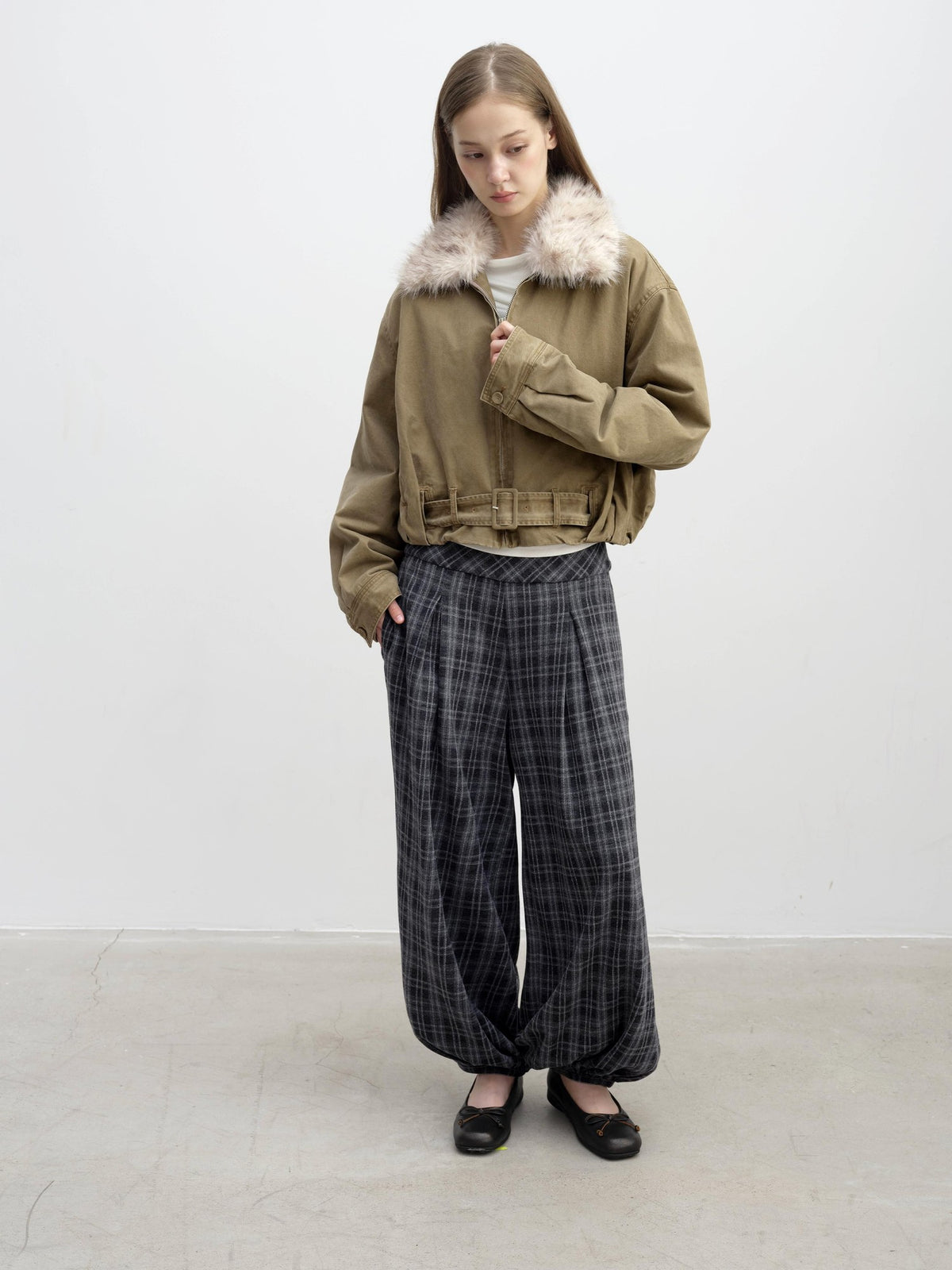 DKZ OFFICIAL Vintage Washed Detachable Fur Collar Women&
