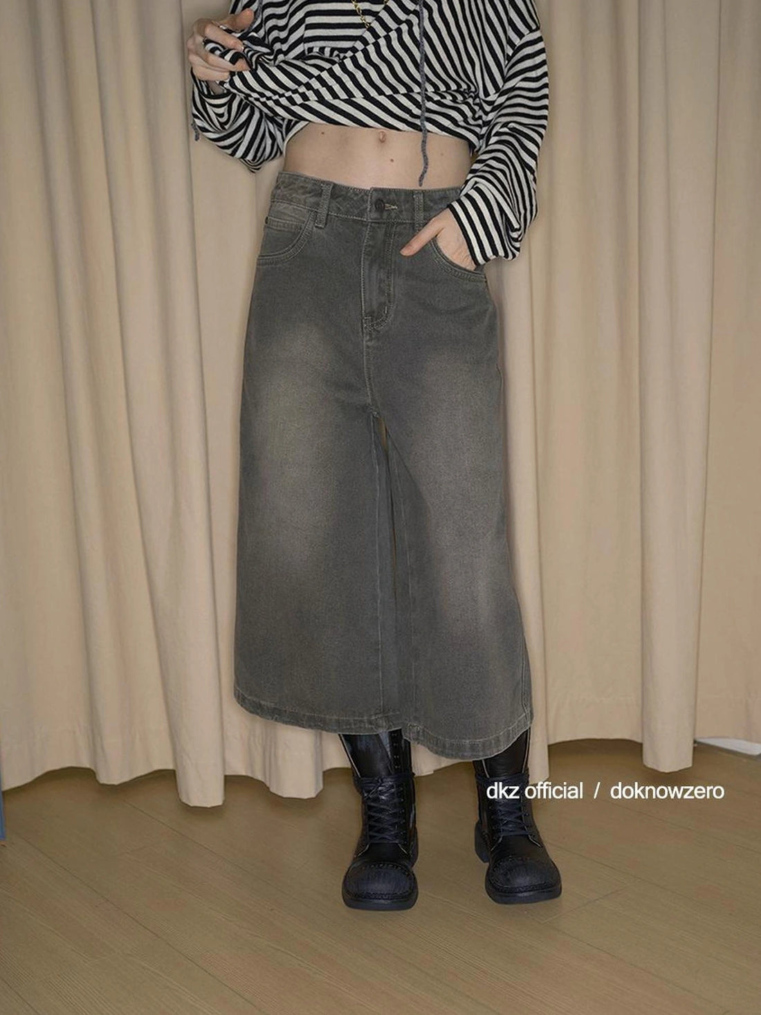 DKZ OFFICIAL Vintage Washed Gray Cotton Wide Leg Jeans