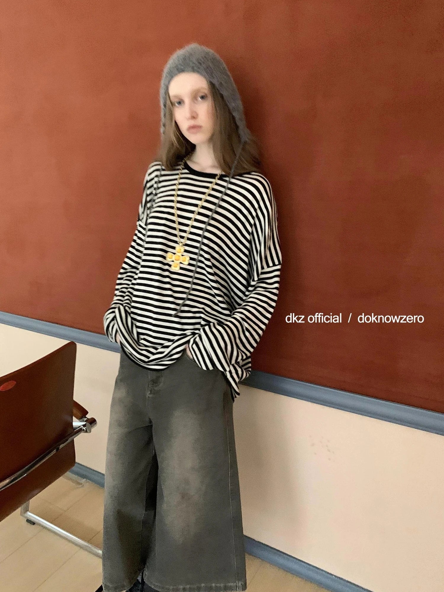 DKZ OFFICIAL Vintage Washed Gray Cotton Wide Leg Jeans