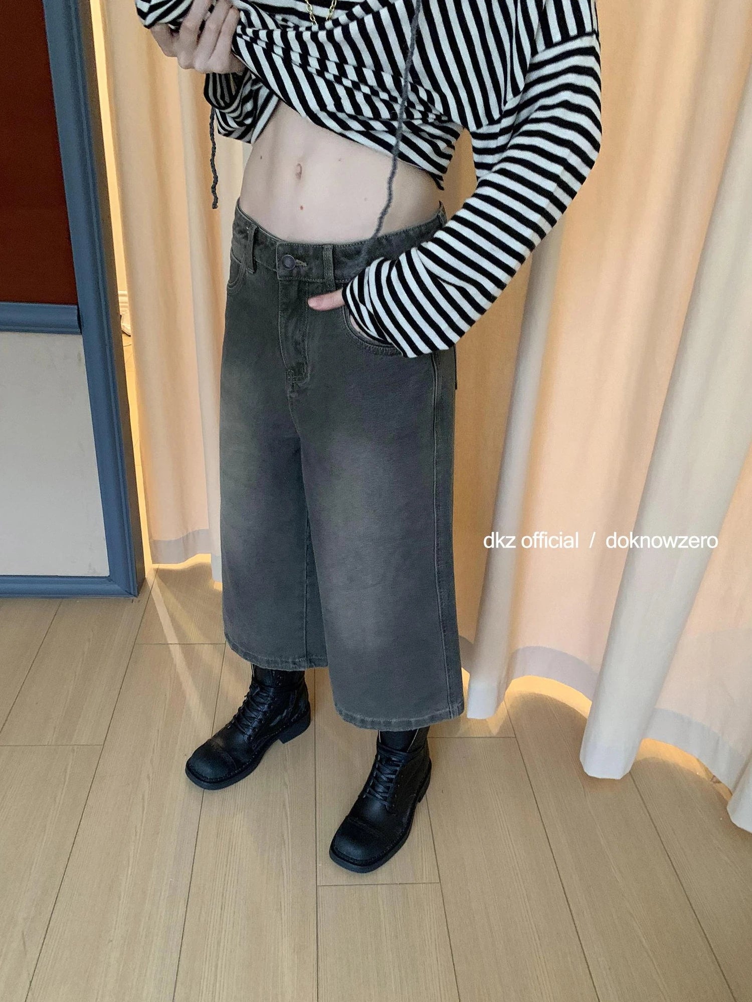 DKZ OFFICIAL Vintage Washed Gray Cotton Wide Leg Jeans