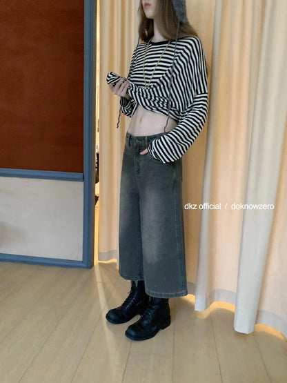 DKZ OFFICIAL Vintage Washed Gray Cotton Wide Leg Jeans