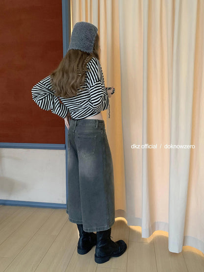 DKZ OFFICIAL Vintage Washed Gray Cotton Wide Leg Jeans