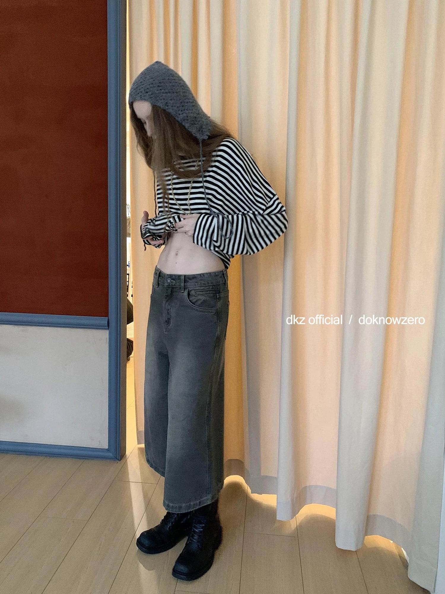 DKZ OFFICIAL Vintage Washed Gray Cotton Wide Leg Jeans
