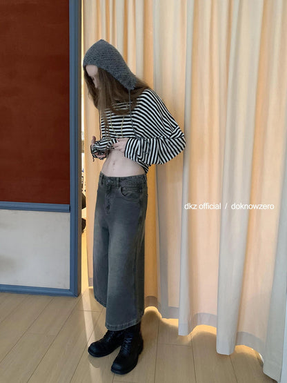 DKZ OFFICIAL Vintage Washed Gray Cotton Wide Leg Jeans
