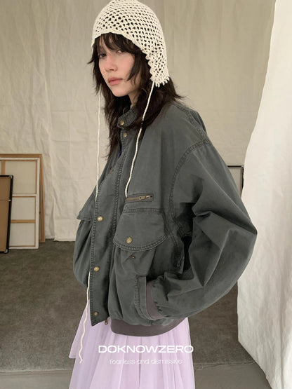 DKZ OFFICIAL Vintage Washed Multi Pocket Women Jacket