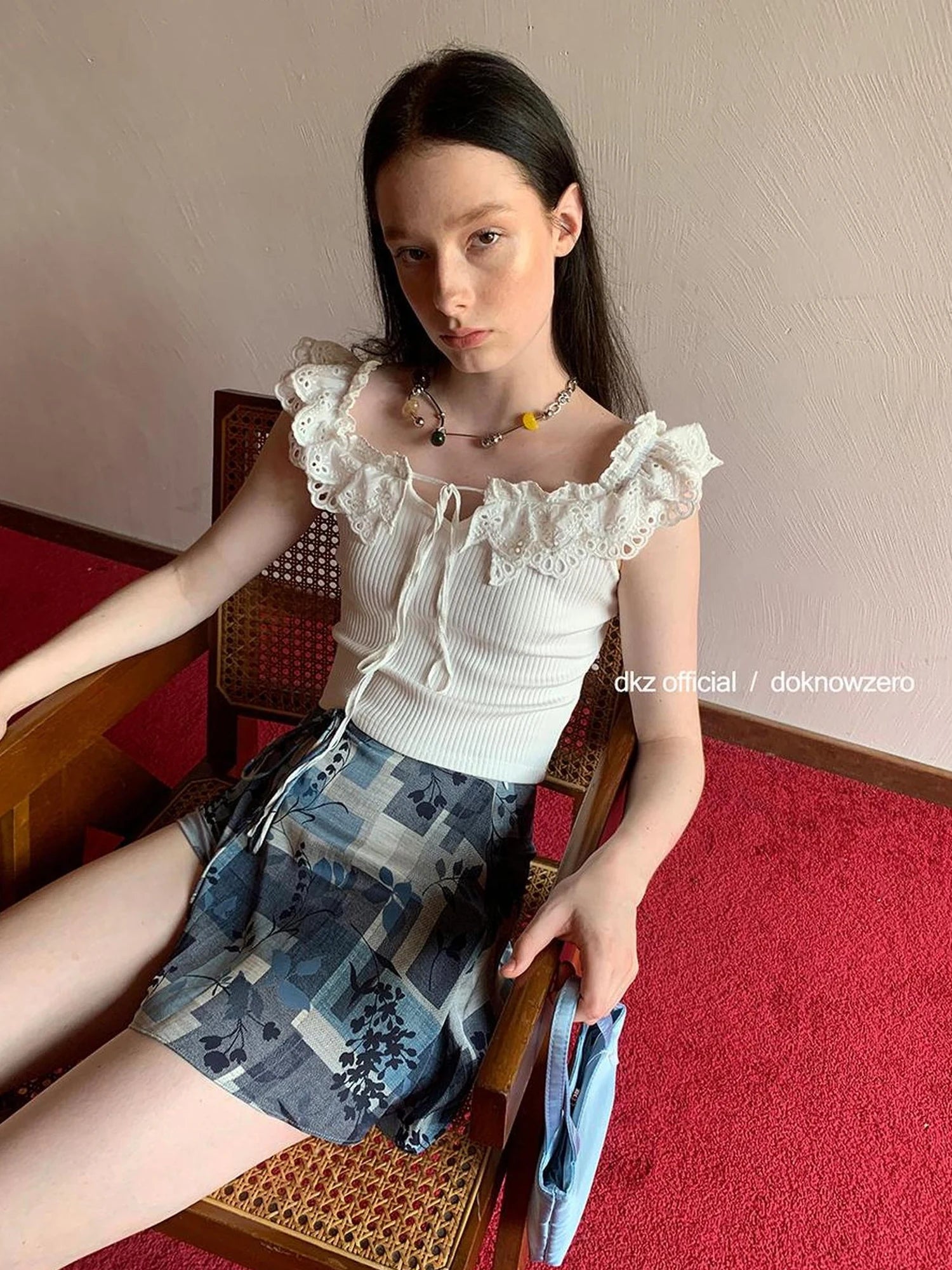 DKZ OFFICIAL Vintage Washed Print Chiffon A Line Skirt