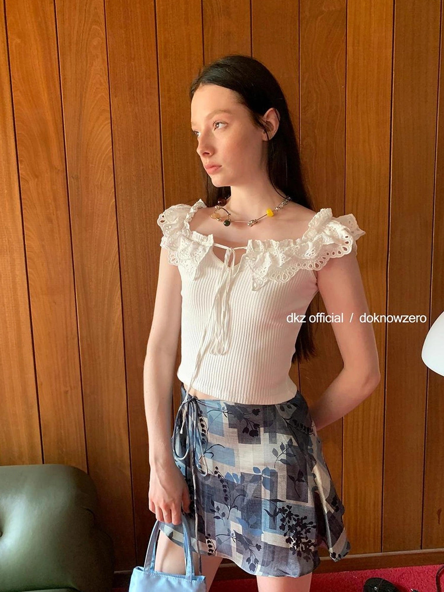DKZ OFFICIAL Vintage Washed Print Chiffon A Line Skirt
