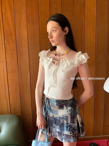 DKZ OFFICIAL Vintage Washed Print Chiffon A Line Skirt