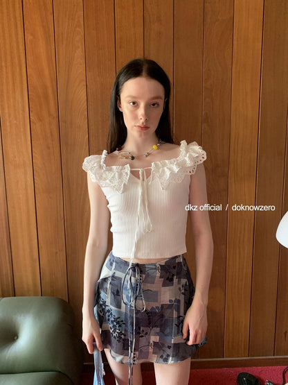 DKZ OFFICIAL Vintage Washed Print Chiffon A Line Skirt