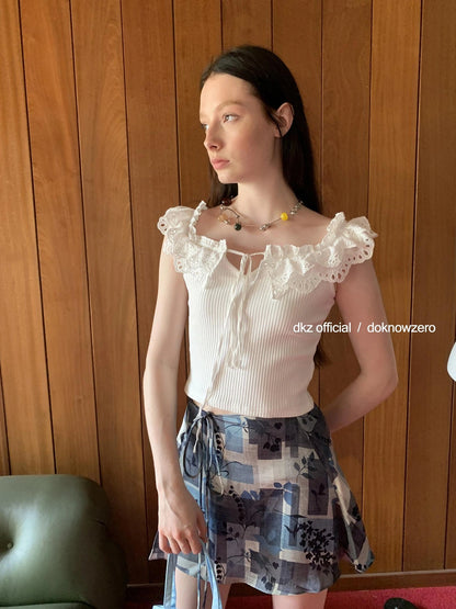 DKZ OFFICIAL Vintage Washed Print Chiffon A Line Skirt