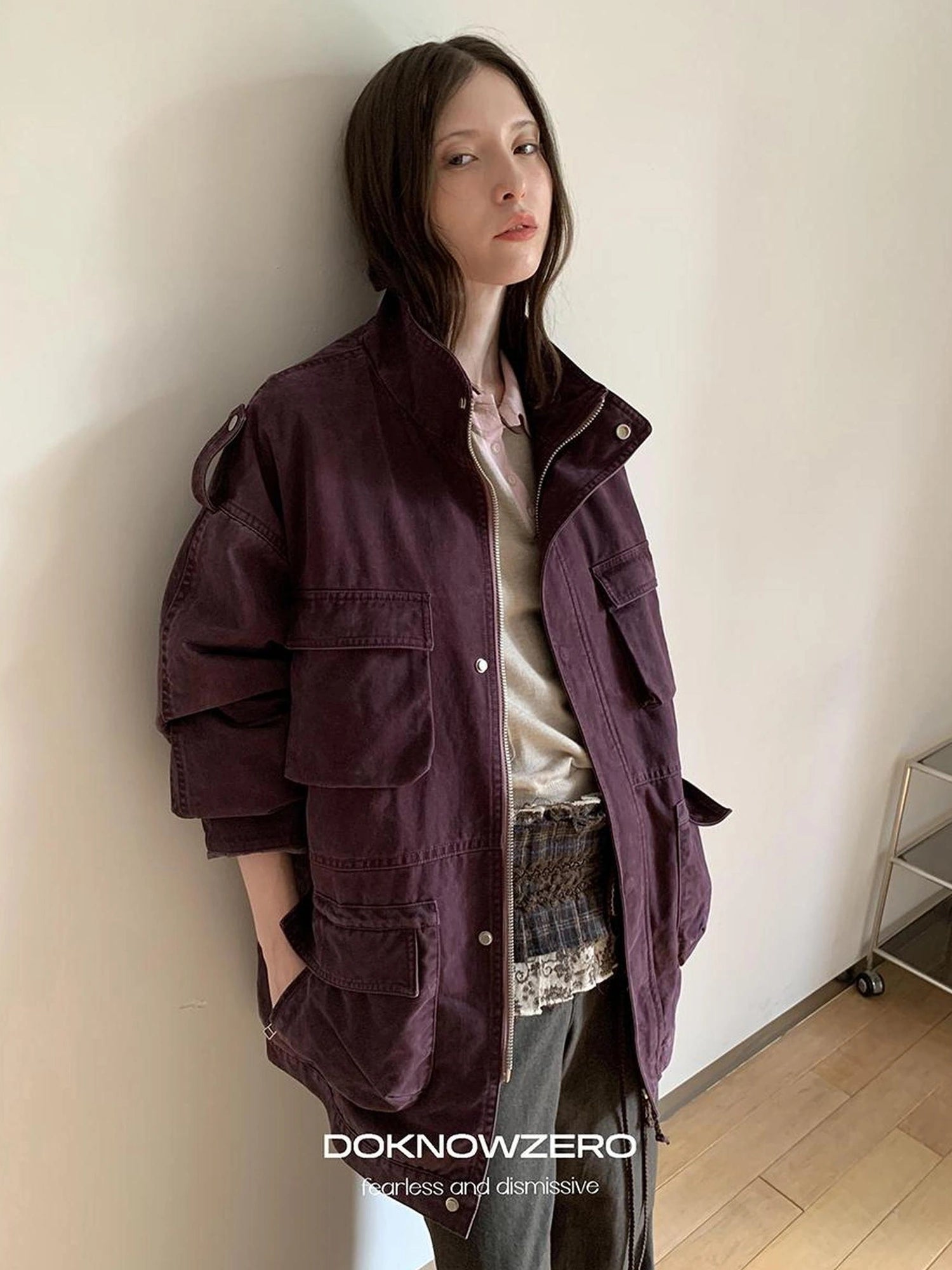 DKZ OFFICIAL Vintage Washed Purple Work Jacket With Lining And Multi Pockets