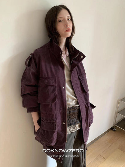 DKZ OFFICIAL Vintage Washed Purple Work Jacket With Lining And Multi Pockets