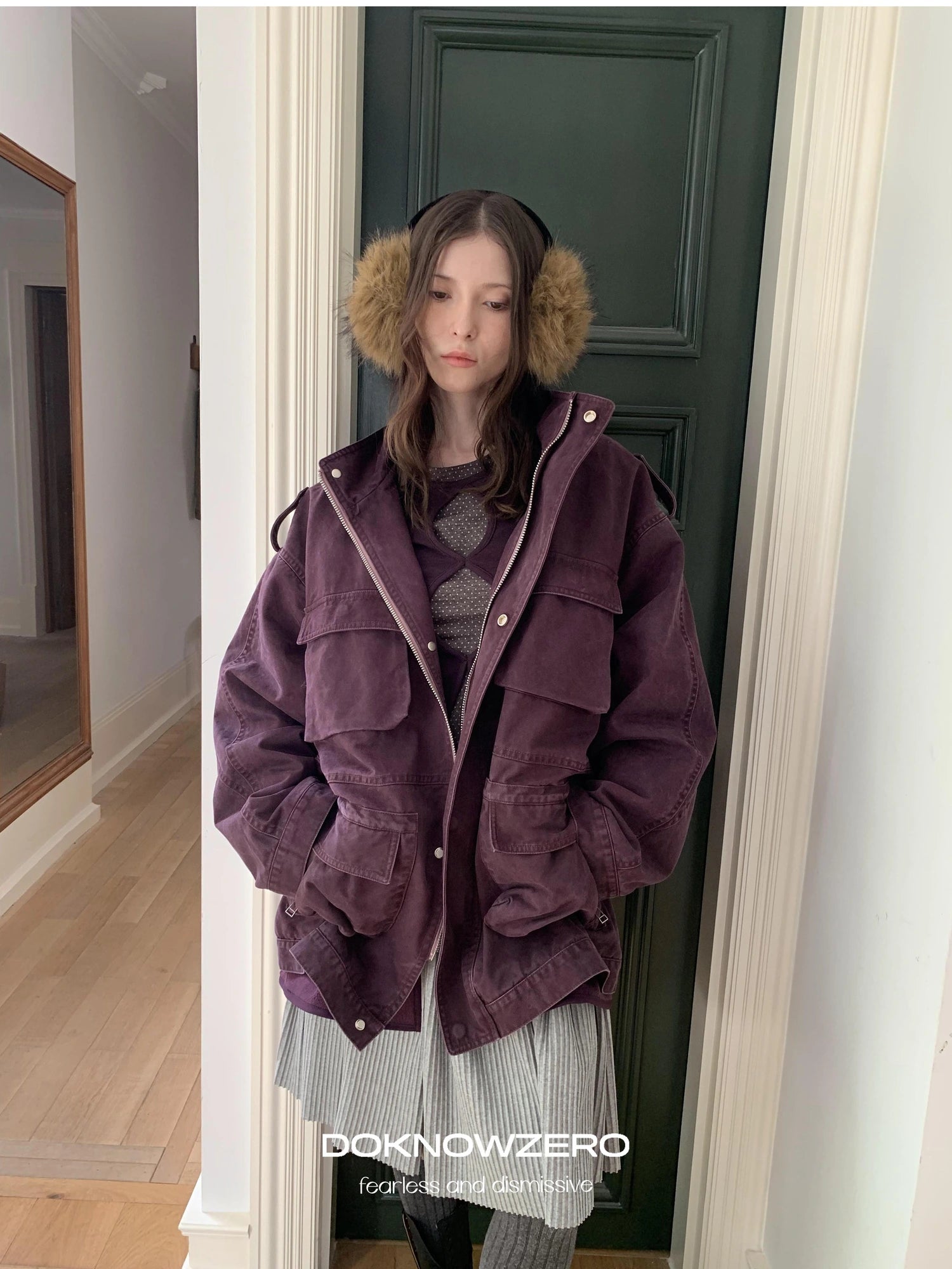 DKZ OFFICIAL Vintage Washed Purple Work Jacket With Lining And Multi Pockets