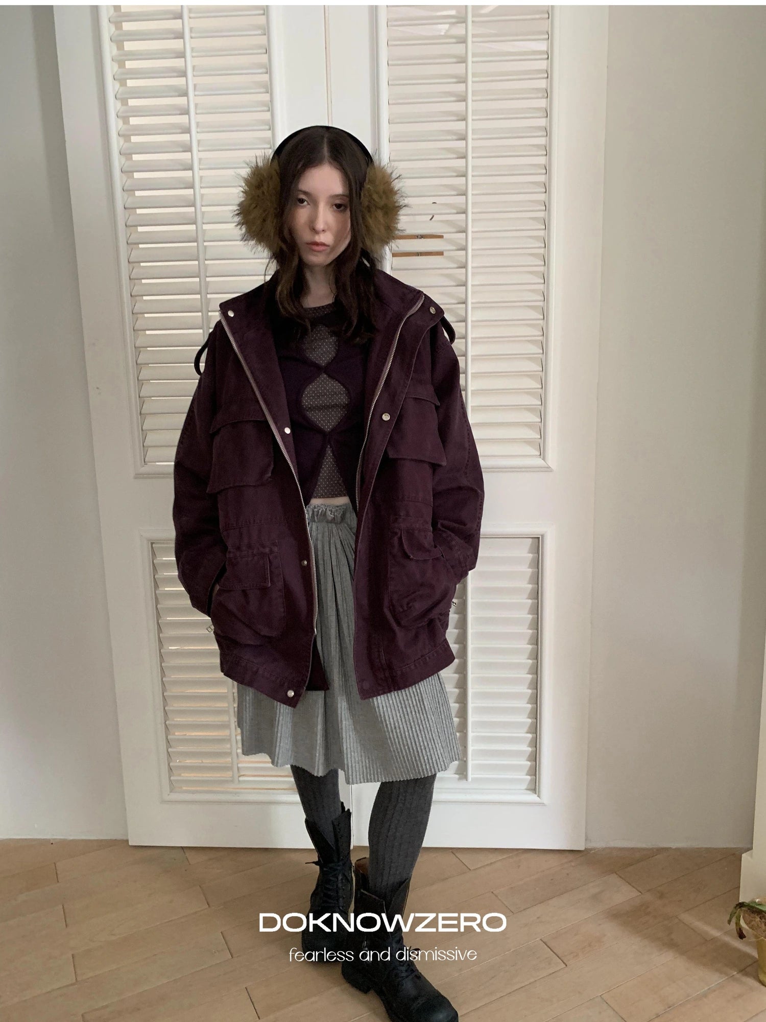 DKZ OFFICIAL Vintage Washed Purple Work Jacket With Lining And Multi Pockets