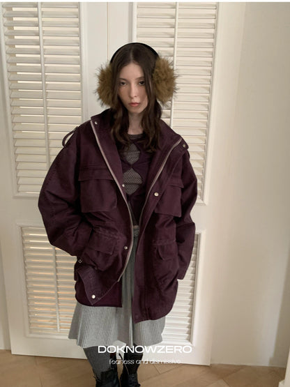 DKZ OFFICIAL Vintage Washed Purple Work Jacket With Lining And Multi Pockets