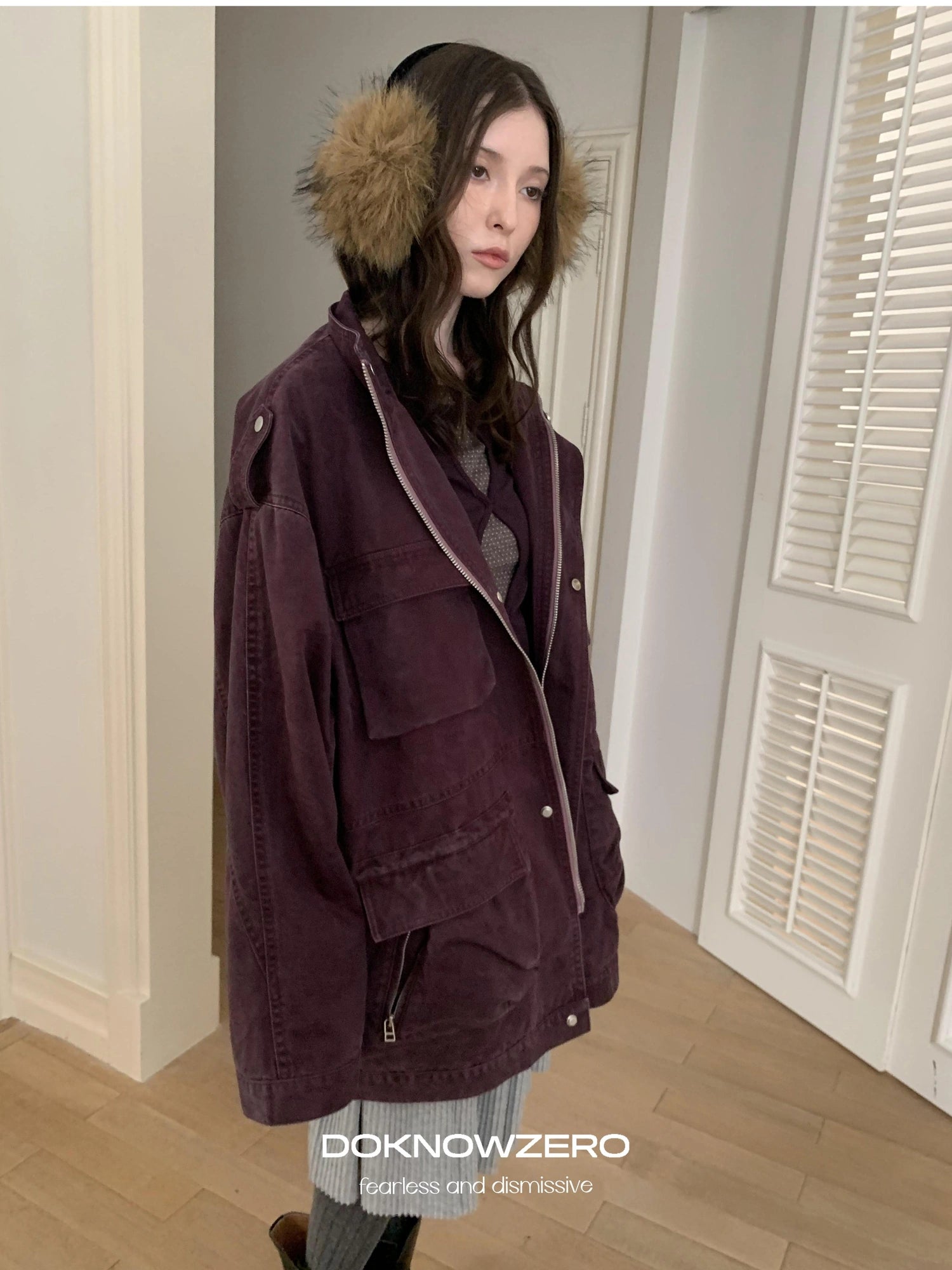 DKZ OFFICIAL Vintage Washed Purple Work Jacket With Lining And Multi Pockets