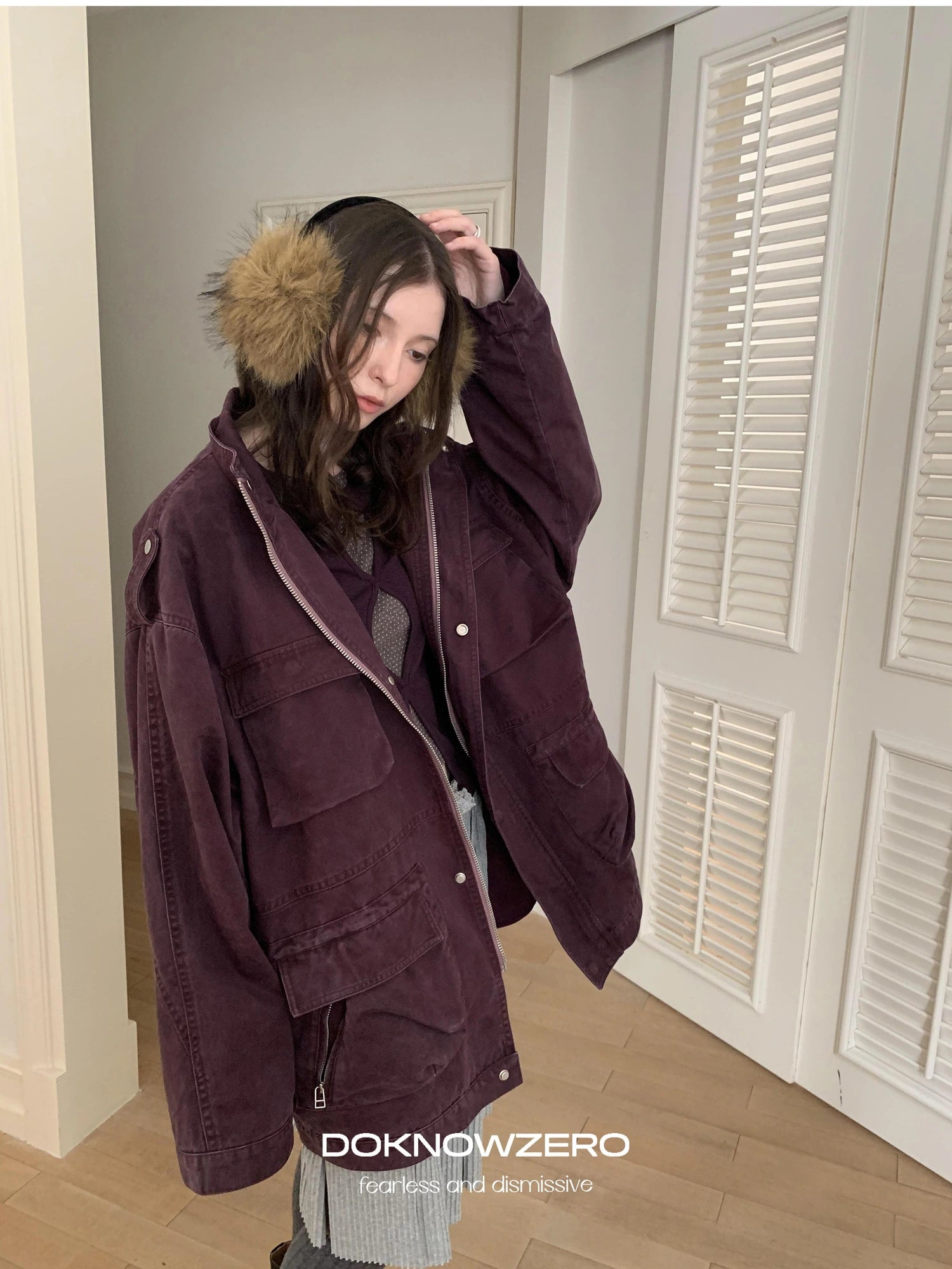DKZ OFFICIAL Vintage Washed Purple Work Jacket With Lining And Multi Pockets