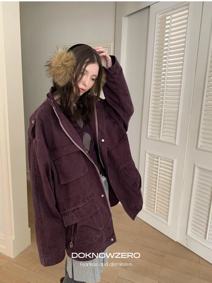 DKZ OFFICIAL Vintage Washed Purple Work Jacket With Lining And Multi Pockets