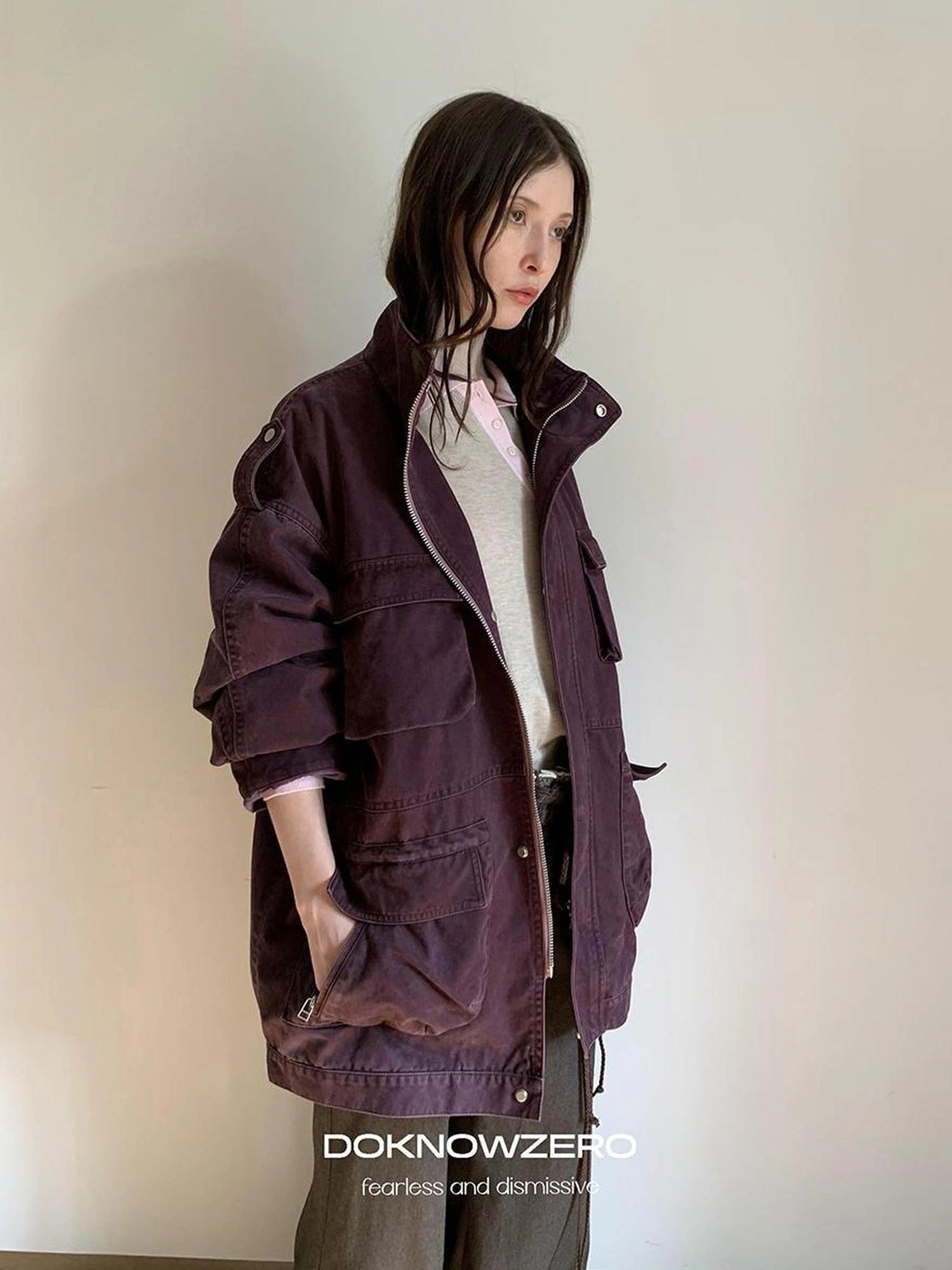 DKZ OFFICIAL Vintage Washed Purple Work Jacket With Lining And Multi Pockets