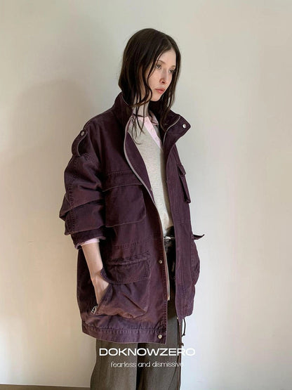 DKZ OFFICIAL Vintage Washed Purple Work Jacket With Lining And Multi Pockets