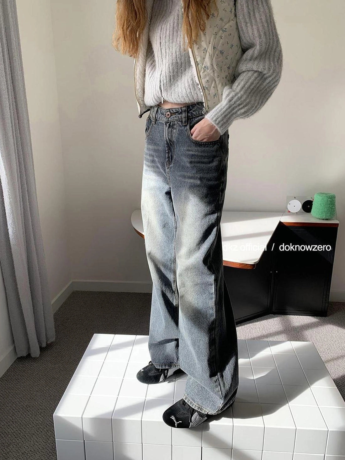 DKZ OFFICIAL Vintage Washed Relaxed Fit Blue Jeans For Women