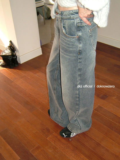 DKZ OFFICIAL Vintage Washed Relaxed Fit Blue Jeans For Women