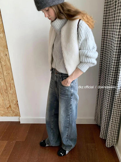 DKZ OFFICIAL Vintage Washed Relaxed Fit Blue Jeans For Women