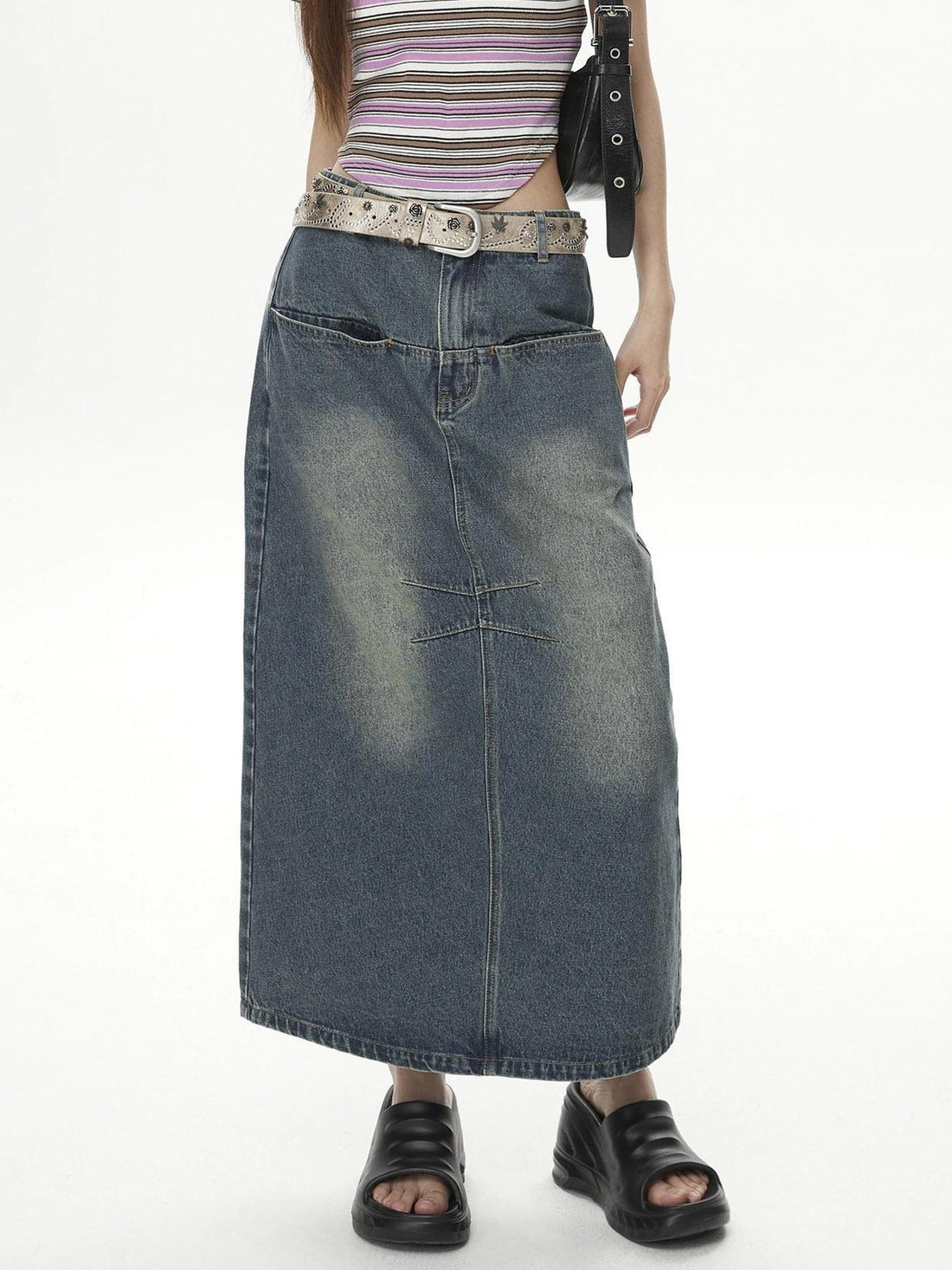 DKZ OFFICIAL Vintage Washed Split Front High Slit Denim Maxi Skirt