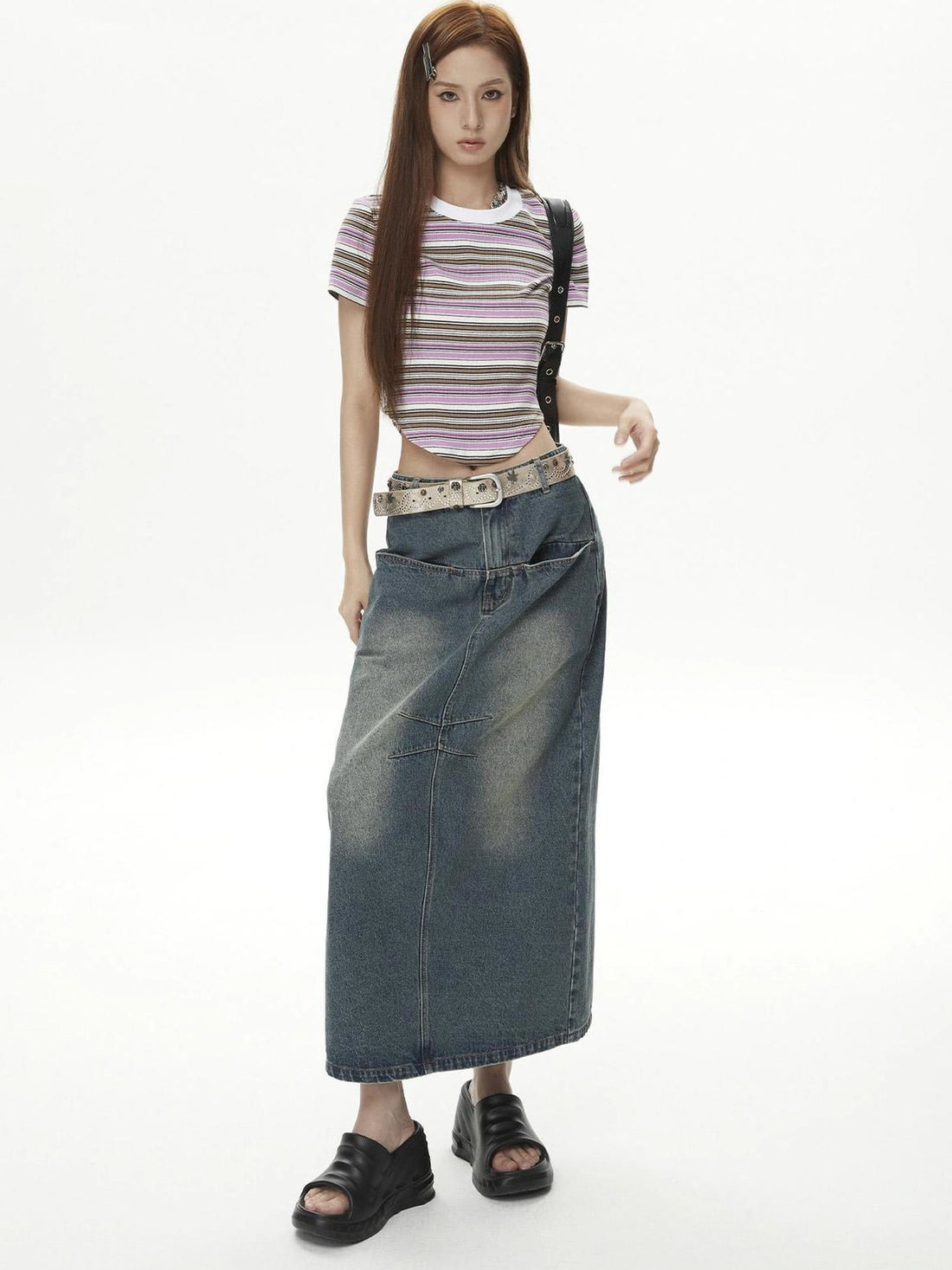 DKZ OFFICIAL Vintage Washed Split Front High Slit Denim Maxi Skirt