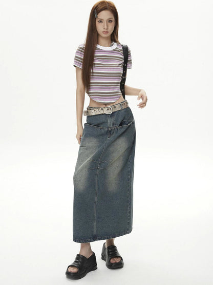 DKZ OFFICIAL Vintage Washed Split Front High Slit Denim Maxi Skirt