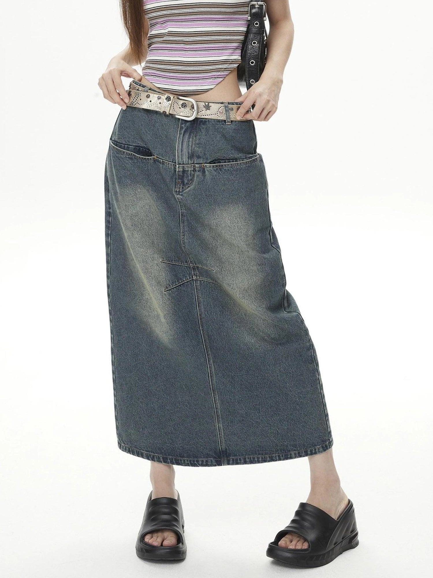 DKZ OFFICIAL Vintage Washed Split Front High Slit Denim Maxi Skirt