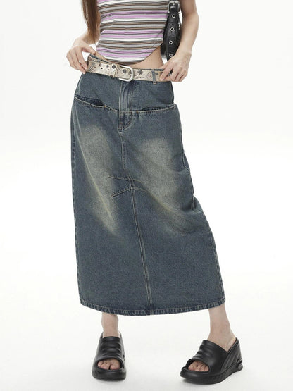 DKZ OFFICIAL Vintage Washed Split Front High Slit Denim Maxi Skirt