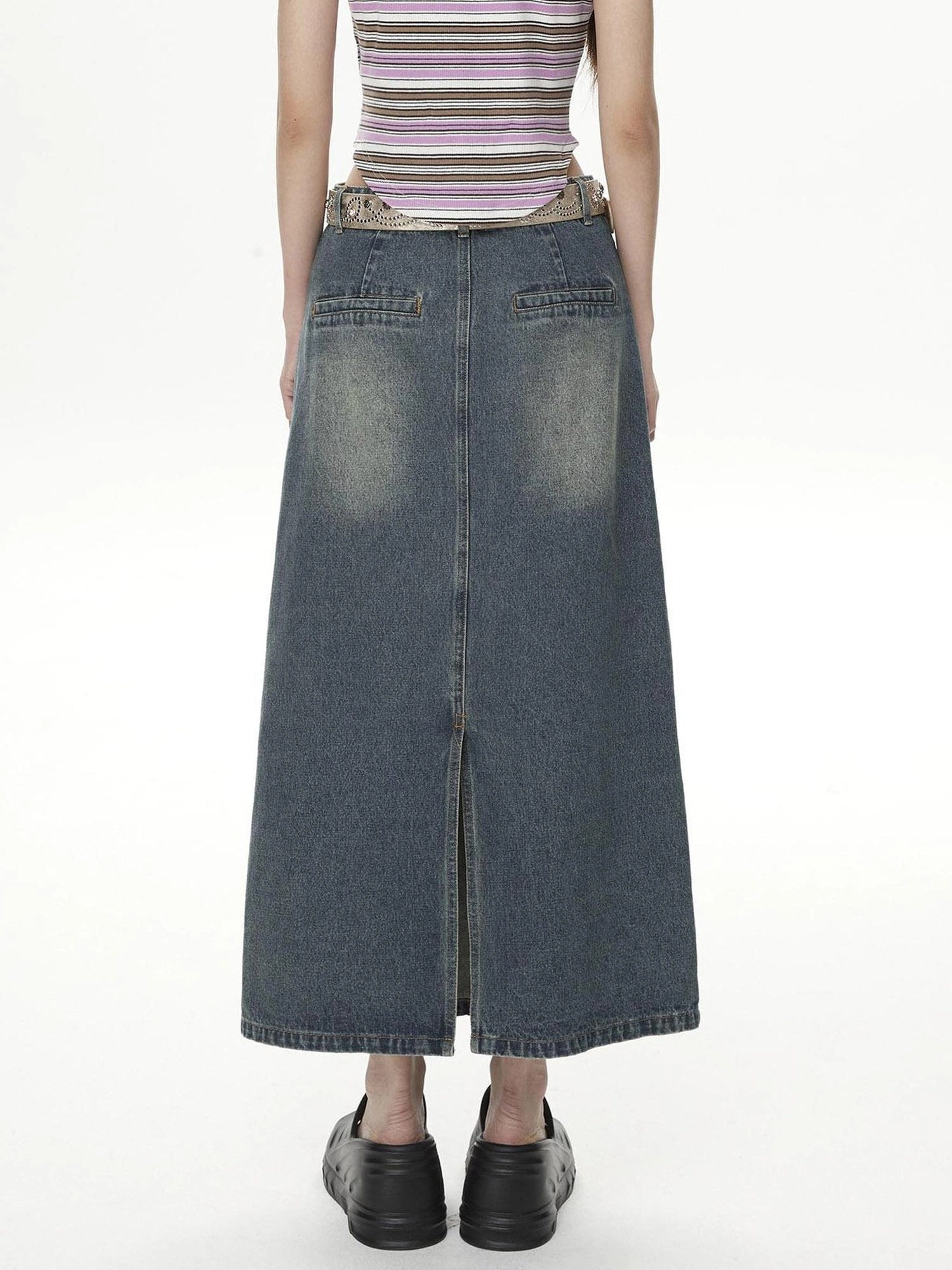 DKZ OFFICIAL Vintage Washed Split Front High Slit Denim Maxi Skirt