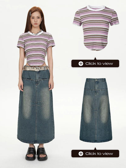 DKZ OFFICIAL Vintage Washed Split Front High Slit Denim Maxi Skirt