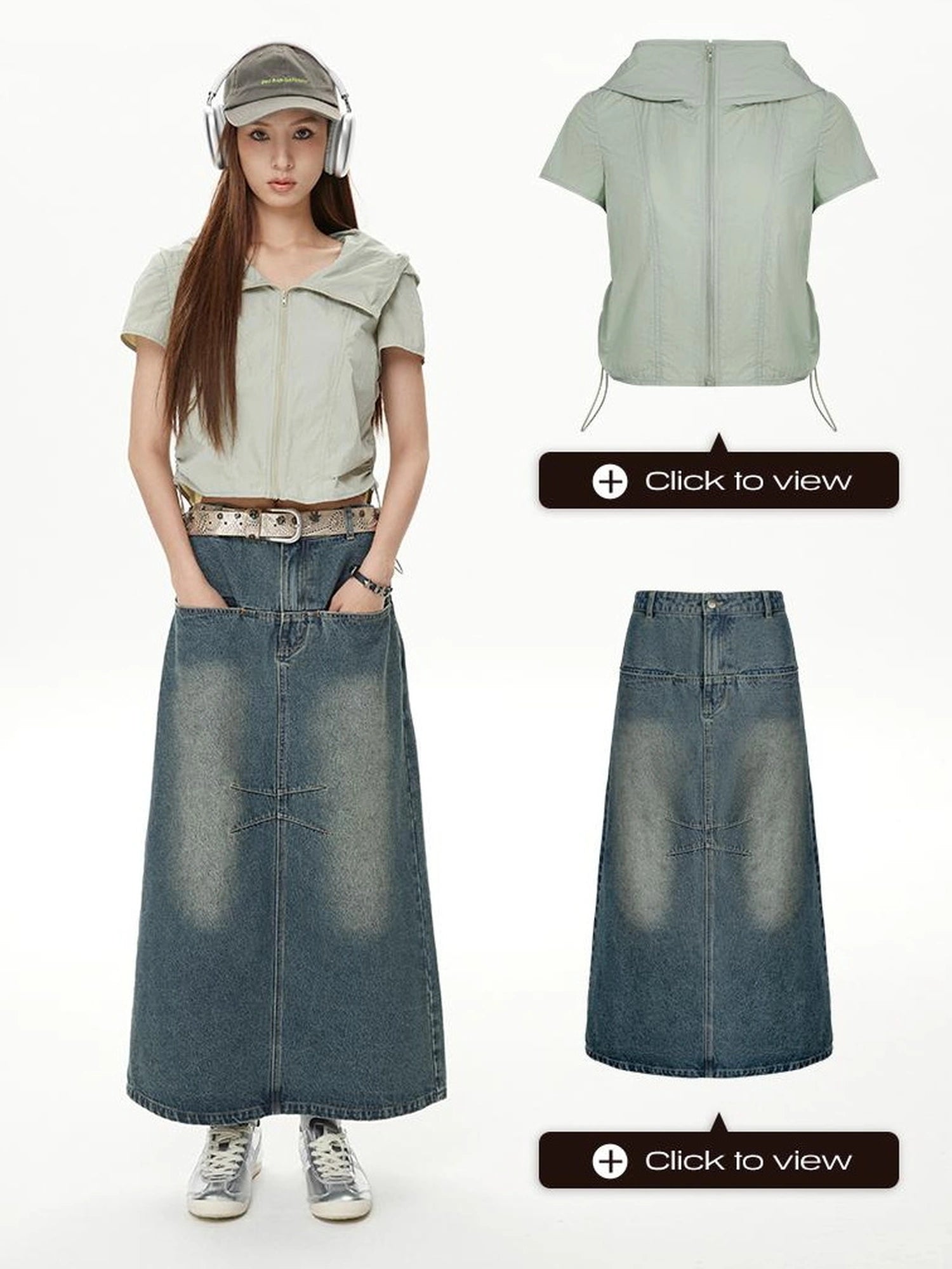 DKZ OFFICIAL Vintage Washed Split Front High Slit Denim Maxi Skirt