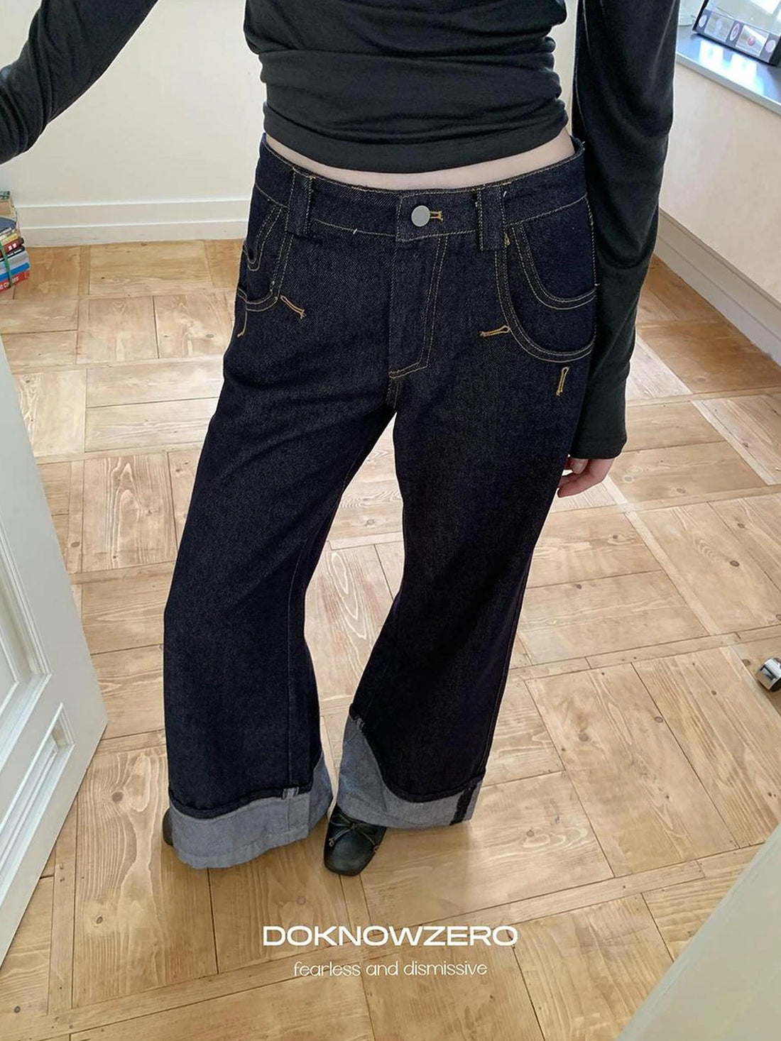 DKZ OFFICIAL Vintage Wide Leg Denim Trousers In Deep Blue