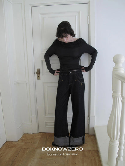 DKZ OFFICIAL Vintage Wide Leg Denim Trousers In Deep Blue