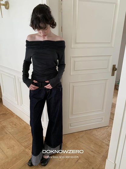 DKZ OFFICIAL Vintage Wide Leg Denim Trousers In Deep Blue