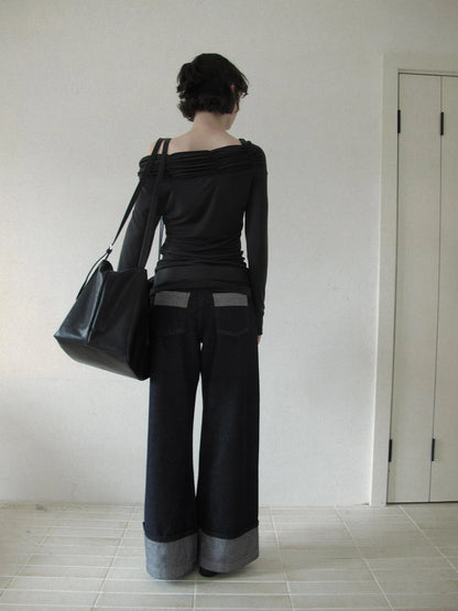 DKZ OFFICIAL Vintage Wide Leg Denim Trousers In Deep Blue