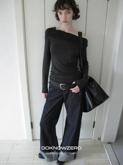 DKZ OFFICIAL Vintage Wide Leg Denim Trousers In Deep Blue