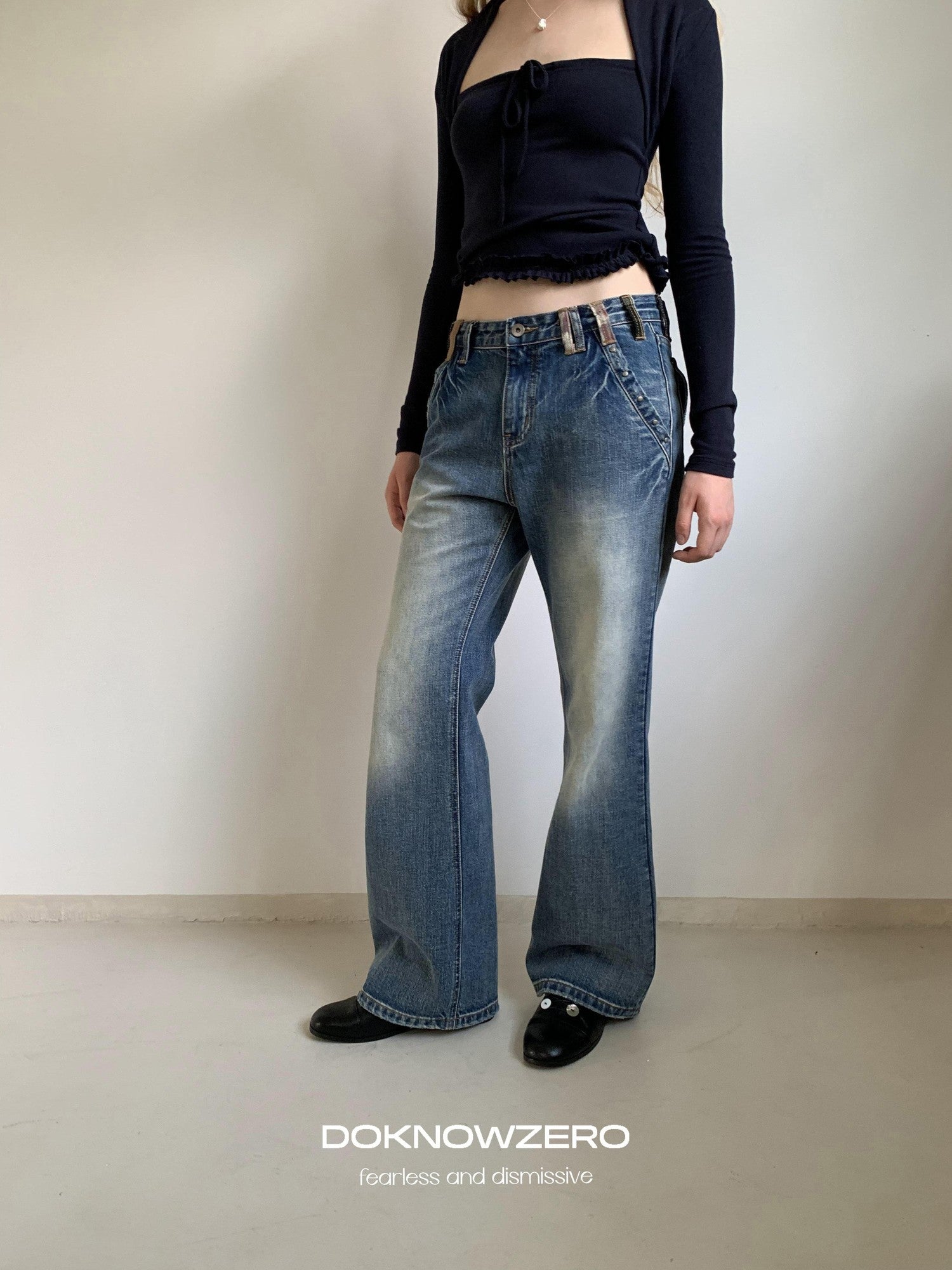 DKZ OFFICIAL Washed Blue Distressed Patch Pocket Vintage Women&