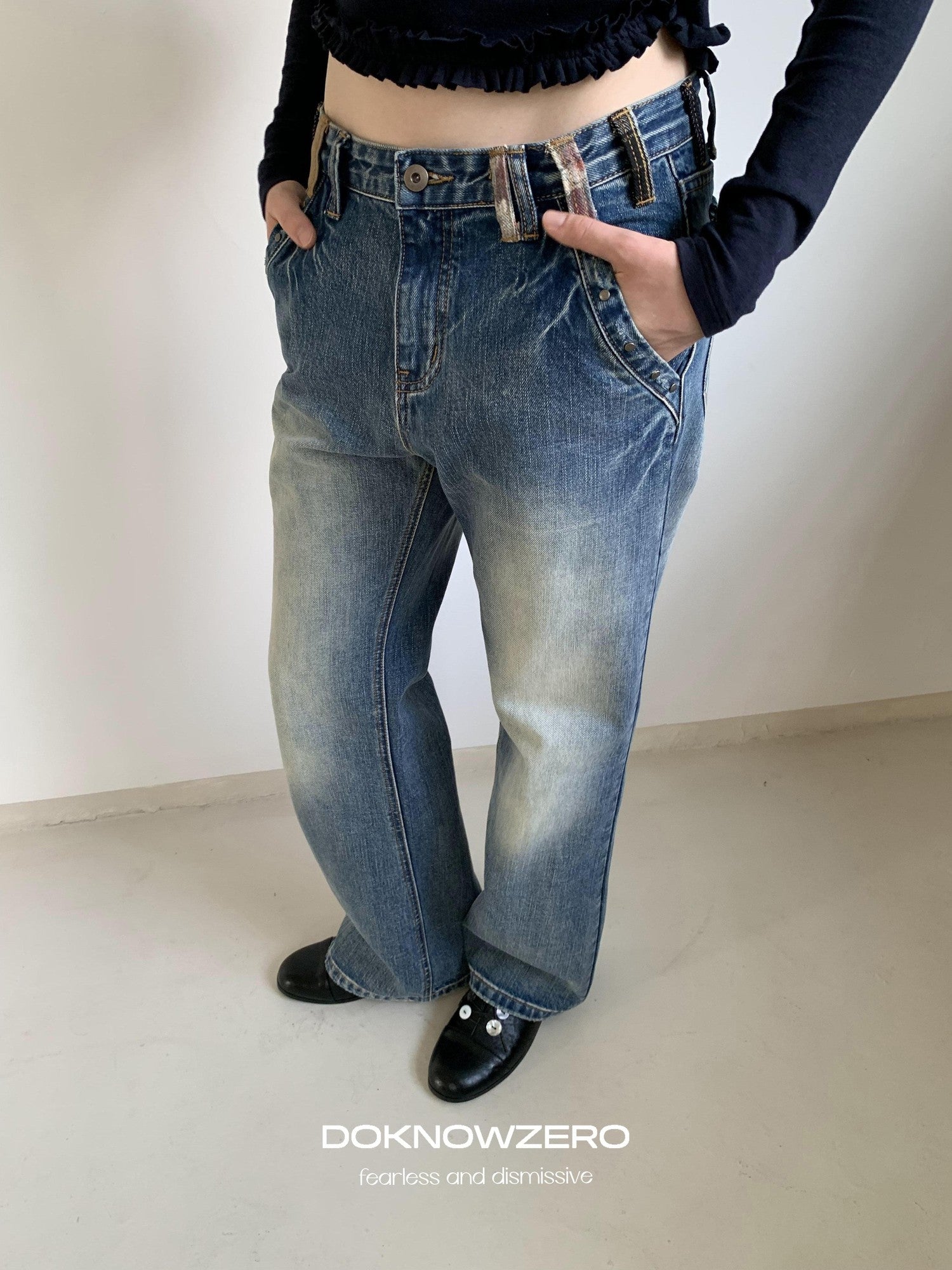DKZ OFFICIAL Washed Blue Distressed Patch Pocket Vintage Women&