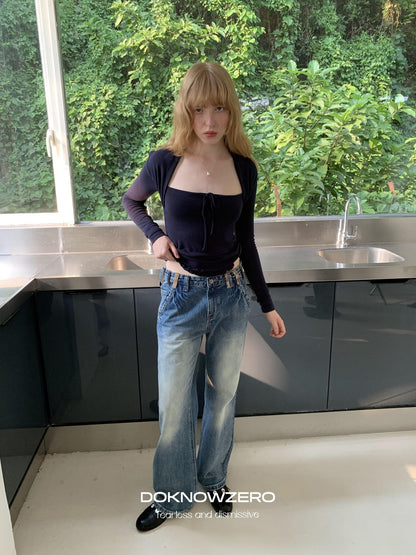 DKZ OFFICIAL Washed Blue Distressed Patch Pocket Vintage Women&